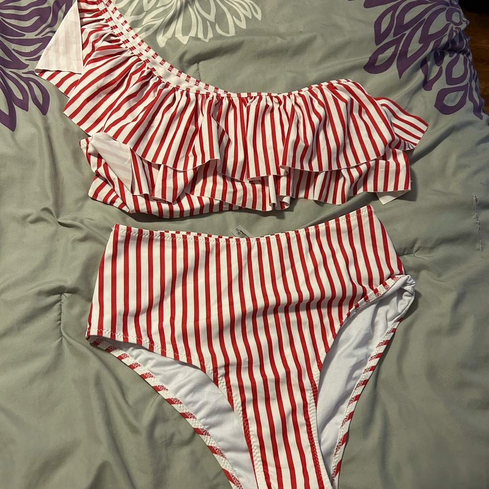 Red and White Striped Bikini Set